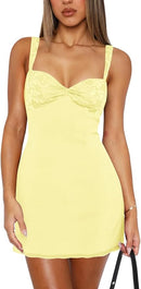 Mini vestidos de verano para mujer, sin mangas, sexy, cuello cuadrado, empalme de encaje, cóctel, fiesta, vestido ajustado